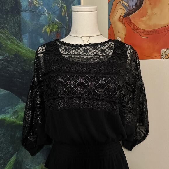 alfani black lace sheer blouse shimmer batwing sleeve peplum top xs - Picture 2 of 5